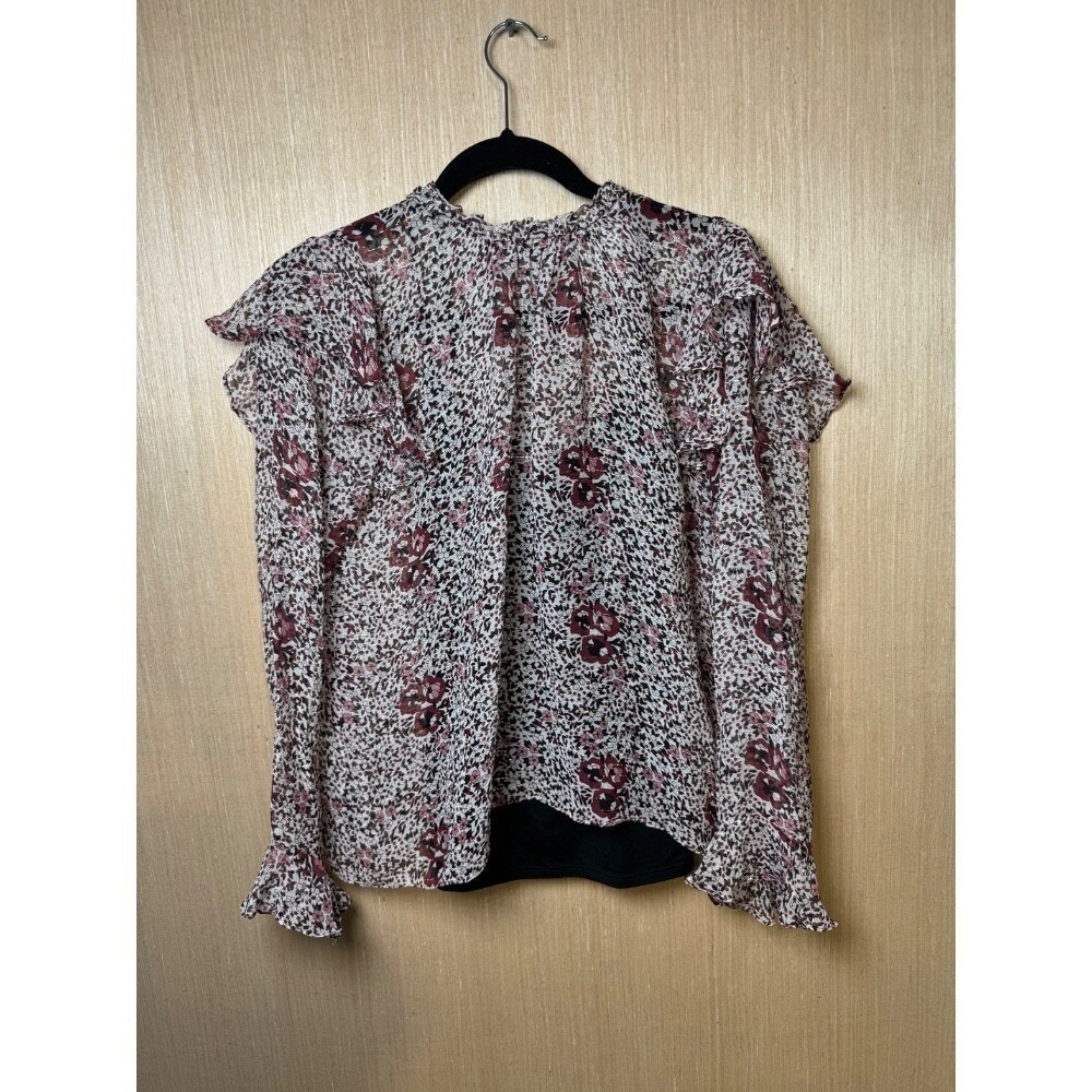 Shoshanna Floral Ruffle Trim Blouse Top Size 6 Burgundy White Gold Accents